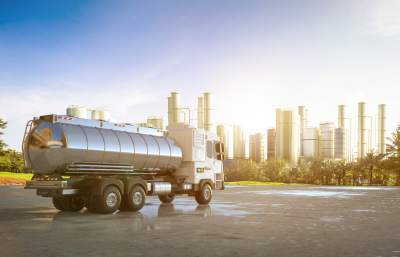 3d rendering logistic oil tank semi trailer truck at oil refinery
